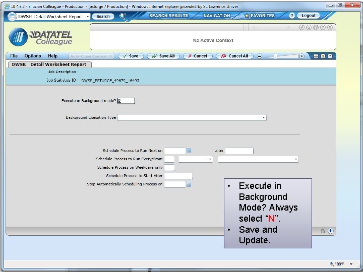  • Execute in Background Mode? Always select “N”. • Save and Update. 