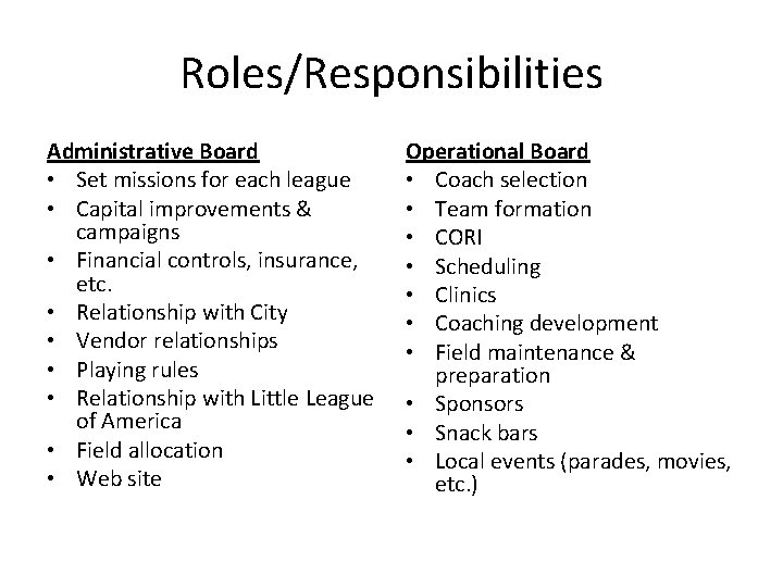 Roles/Responsibilities Administrative Board • Set missions for each league • Capital improvements & campaigns