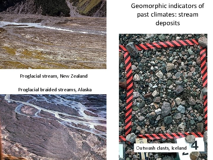 Geomorphic indicators of past climates: stream deposits Proglacial stream, New Zealand Proglacial braided streams,