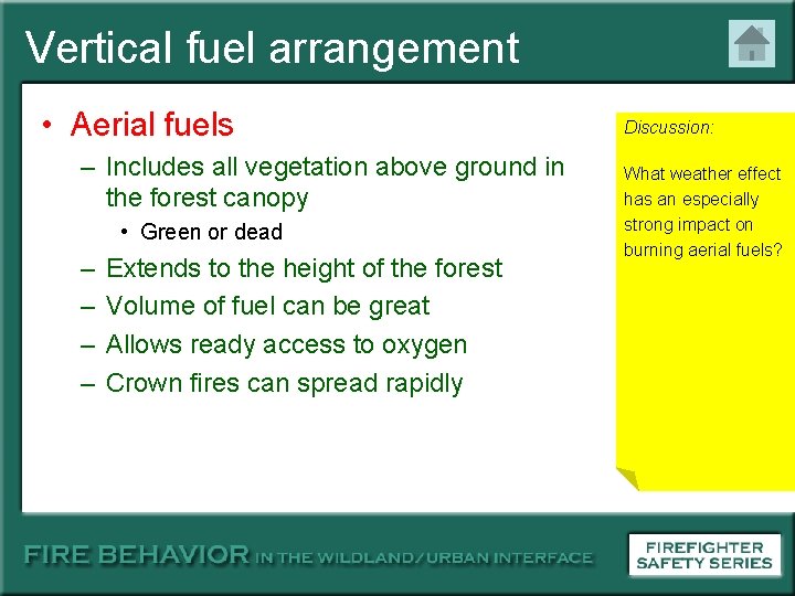 Vertical fuel arrangement • Aerial fuels – Includes all vegetation above ground in the