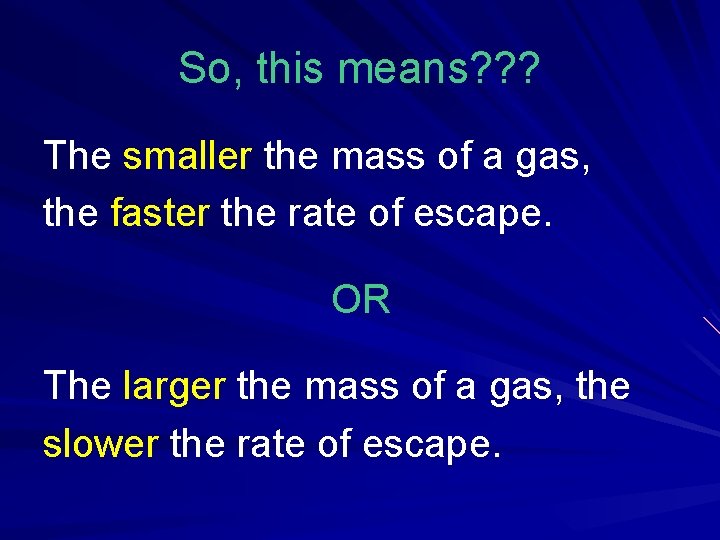 So, this means? ? ? The smaller the mass of a gas, the faster