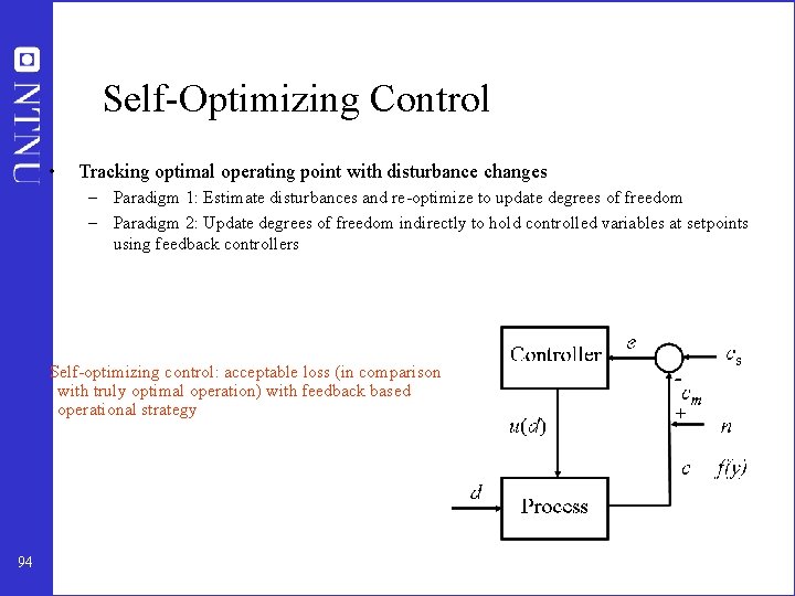 Self-Optimizing Control • Tracking optimal operating point with disturbance changes – Paradigm 1: Estimate