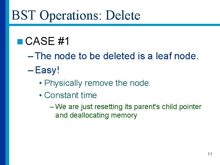 BST Operations: Delete n CASE #1 – The node to be deleted is a