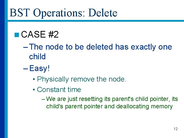 BST Operations: Delete n CASE #2 – The node to be deleted has exactly