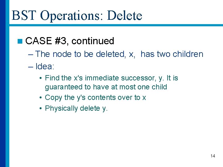 BST Operations: Delete n CASE #3, continued – The node to be deleted, x,