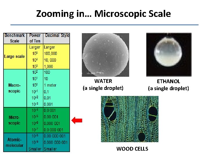 Zooming in… Microscopic Scale WATER (a single droplet) WOOD CELLS ETHANOL (a single droplet)