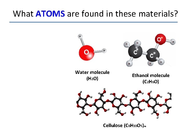 What ATOMS are found in these materials? Water molecule (H 2 O) Ethanol molecule