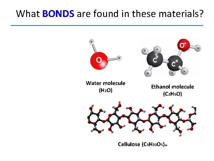 What BONDS are found in these materials? Water molecule (H 2 O) Ethanol molecule