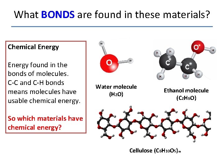 What BONDS are found in these materials? Chemical Energy found in the bonds of