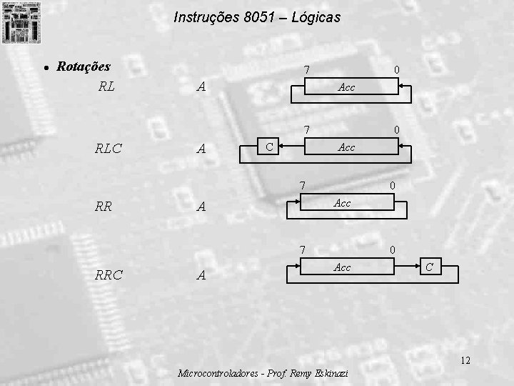Instruções 8051 – Lógicas l Rotações RL 7 A 0 Acc 7 RLC A