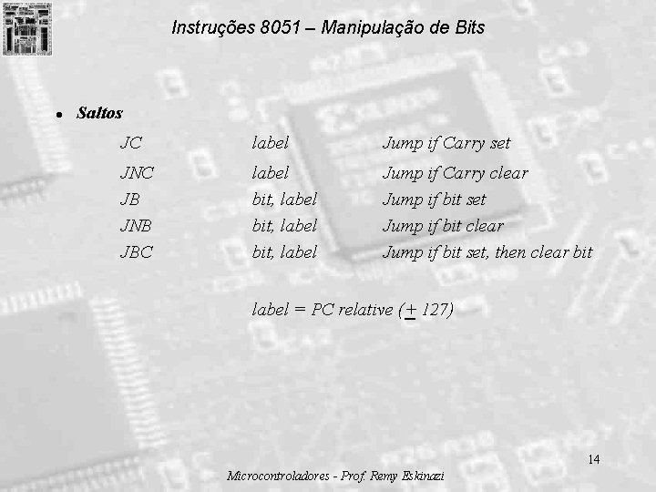 Instruções 8051 – Manipulação de Bits l Saltos JC label Jump if Carry set