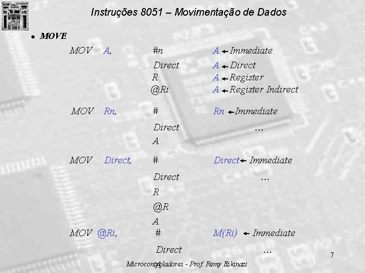 Instruções 8051 – Movimentação de Dados l MOVE MOV A, #n Direct R @Ri