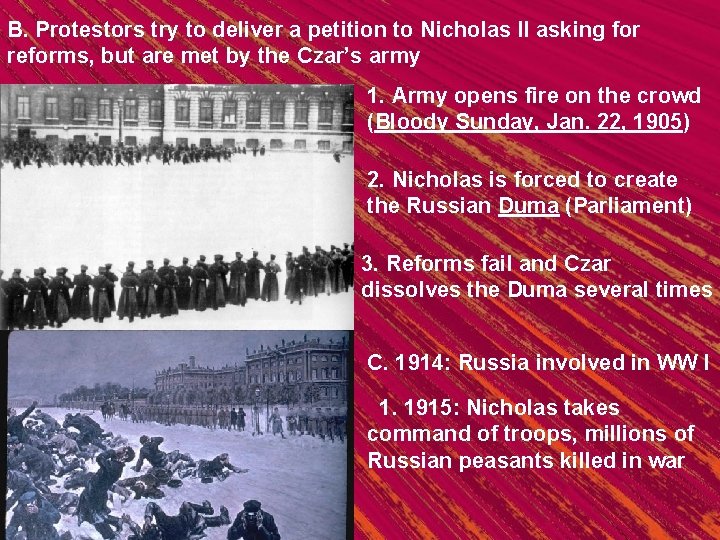 B. Protestors try to deliver a petition to Nicholas II asking for reforms, but