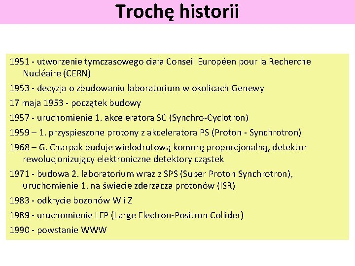 Trochę historii 1951 - utworzenie tymczasowego ciała Conseil Européen pour la Recherche Nucléaire (CERN)