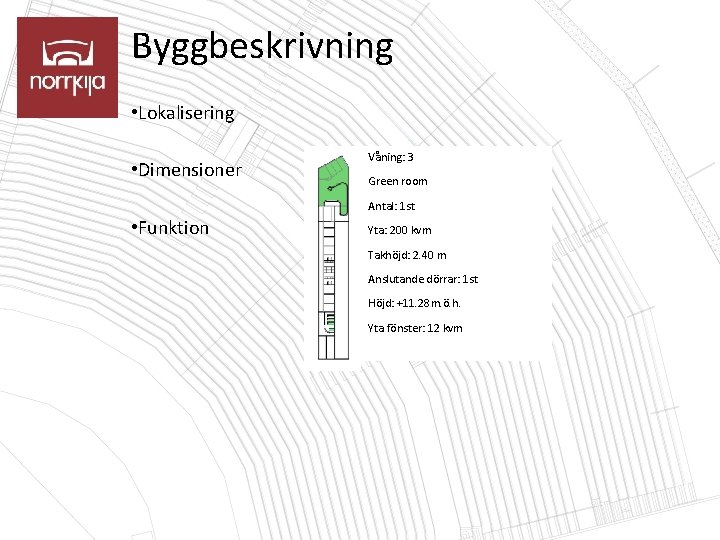 Byggbeskrivning • Lokalisering • Dimensioner Våning: 3 Green room Antal: 1 st • Funktion