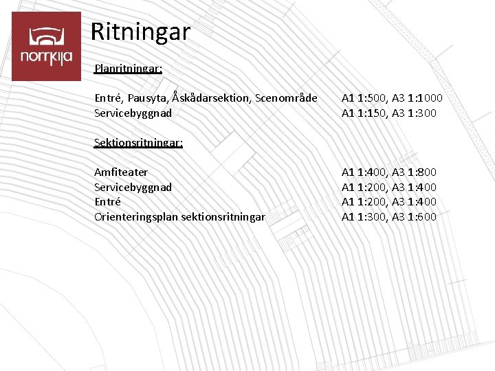 Ritningar Planritningar: Entré, Pausyta, Åskådarsektion, Scenområde Servicebyggnad A 1 1: 500, A 3 1: