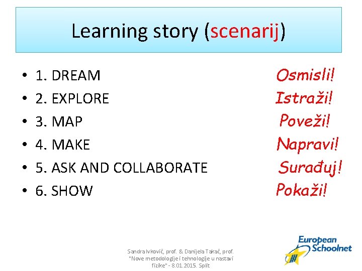 Learning story (scenarij) • • • 1. DREAM 2. EXPLORE 3. MAP 4. MAKE
