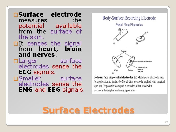 � Surface electrode measures the potential available from the surface of the skin. �