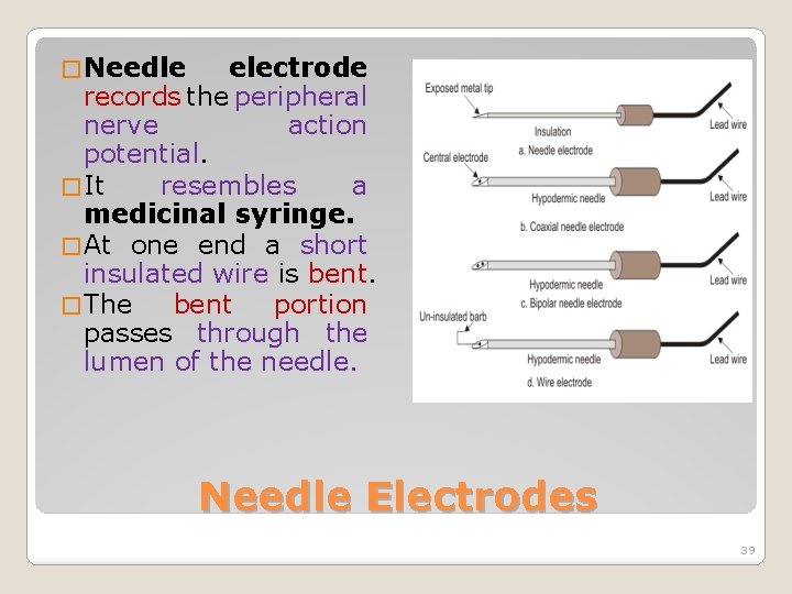 � Needle electrode records the peripheral nerve action potential. � It resembles a medicinal