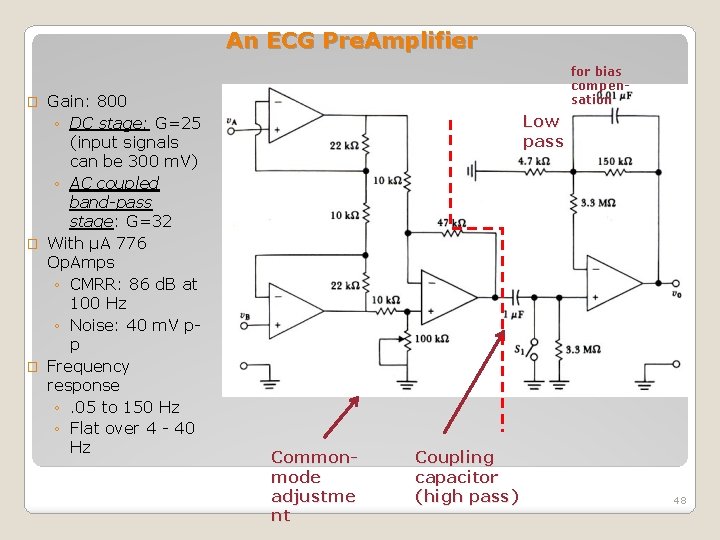 An ECG Pre. Amplifier Gain: 800 ◦ DC stage: G=25 (input signals can be