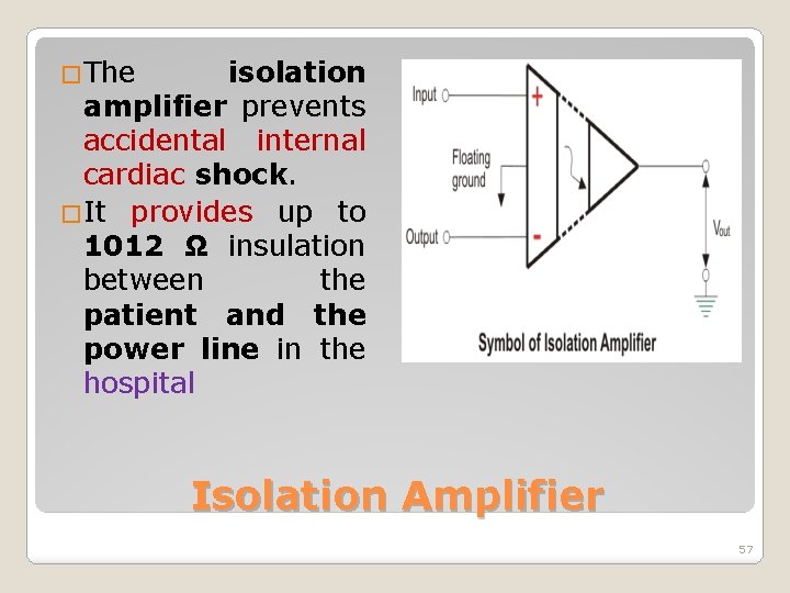 �The isolation amplifier prevents accidental internal cardiac shock. �It provides up to 1012 Ω