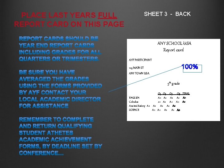 PLACE LAST YEARS FULL REPORT CARD ON THIS PAGE SHEET 3 - BACK ANY