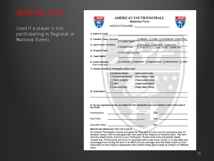 Absentee Form – Used if a player is not participating in Regional or National Absentee Form – Used if a player is not participating in Regional or National