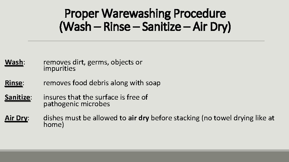 Proper Warewashing Procedure (Wash – Rinse – Sanitize – Air Dry) Wash: Wash removes