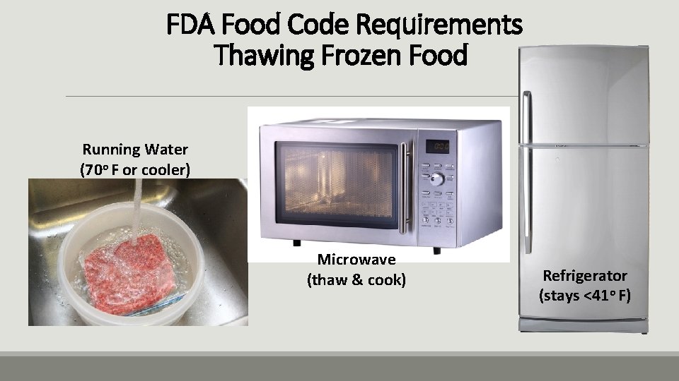 FDA Food Code Requirements Thawing Frozen Food Running Water (70 o F or cooler)