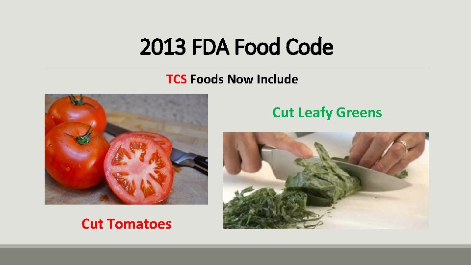 2013 FDA Food Code TCS Foods Now Include Cut Leafy Greens Cut Tomatoes 