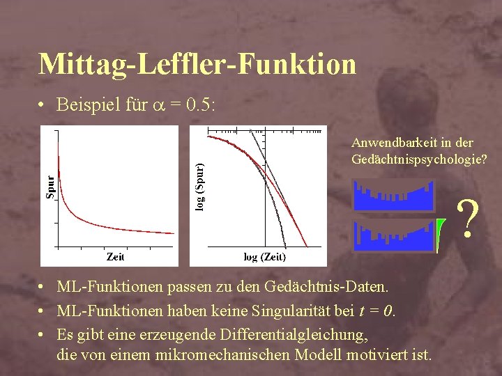 Mittag-Leffler-Funktion • Beispiel für a = 0. 5: Anwendbarkeit in der Gedächtnispsychologie? ? •