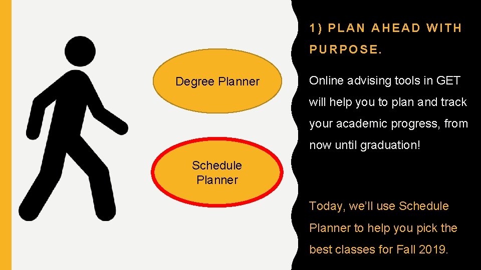 1) PLAN AHEAD WITH PURPOSE. Degree Planner Online advising tools in GET will help