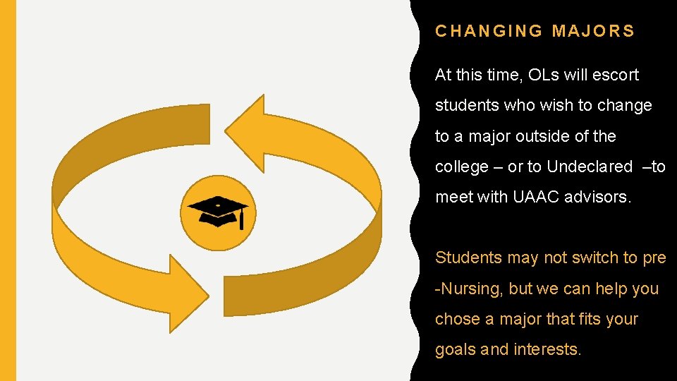 CHANGING MAJORS At this time, OLs will escort students who wish to change to