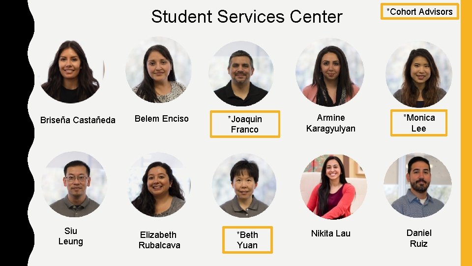 Student Services Center Briseña Castañeda Siu Leung *Cohort Advisors Belem Enciso *Joaquin Franco Armine