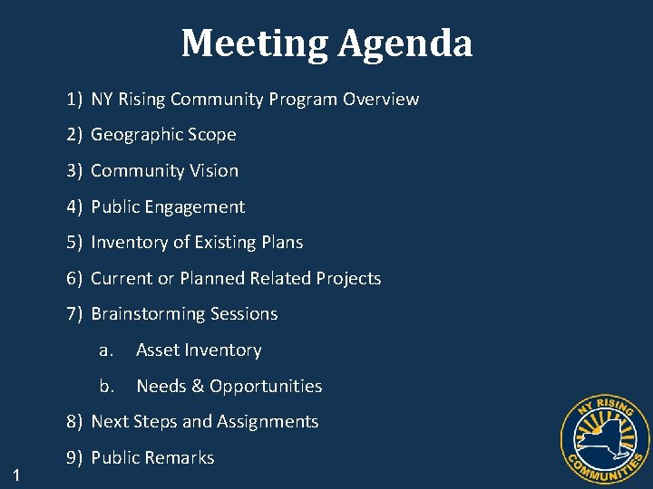 Meeting Agenda 1) NY Rising Community Program Overview 2) Geographic Scope 3) Community Vision