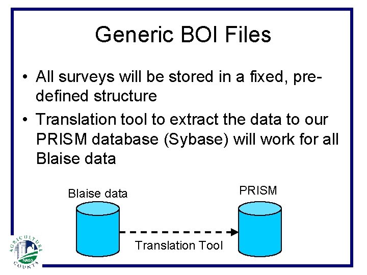 Generic BOI Files • All surveys will be stored in a fixed, predefined structure