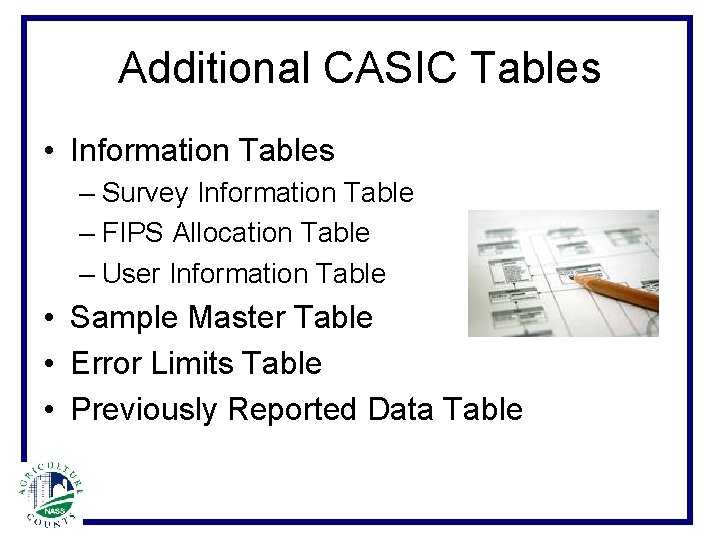 Additional CASIC Tables • Information Tables – Survey Information Table – FIPS Allocation Table