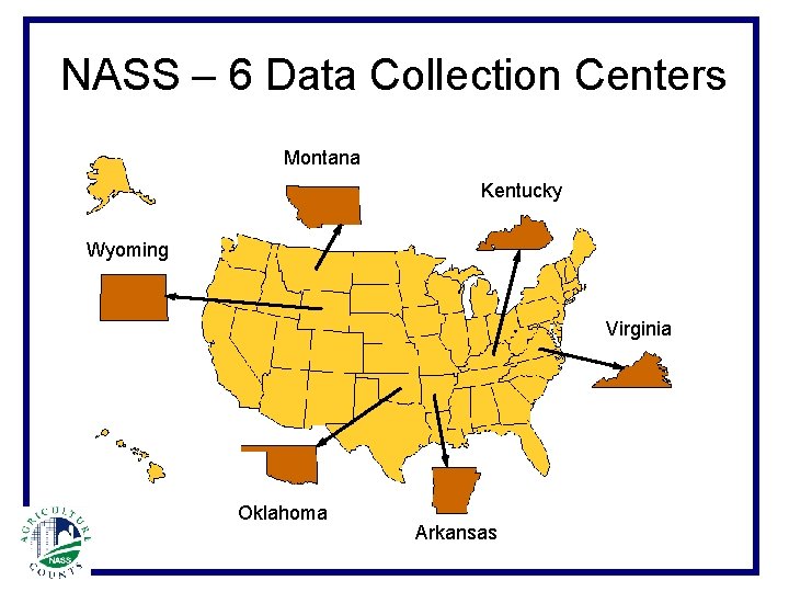 NASS – 6 Data Collection Centers Montana Kentucky Wyoming Virginia Oklahoma Arkansas 