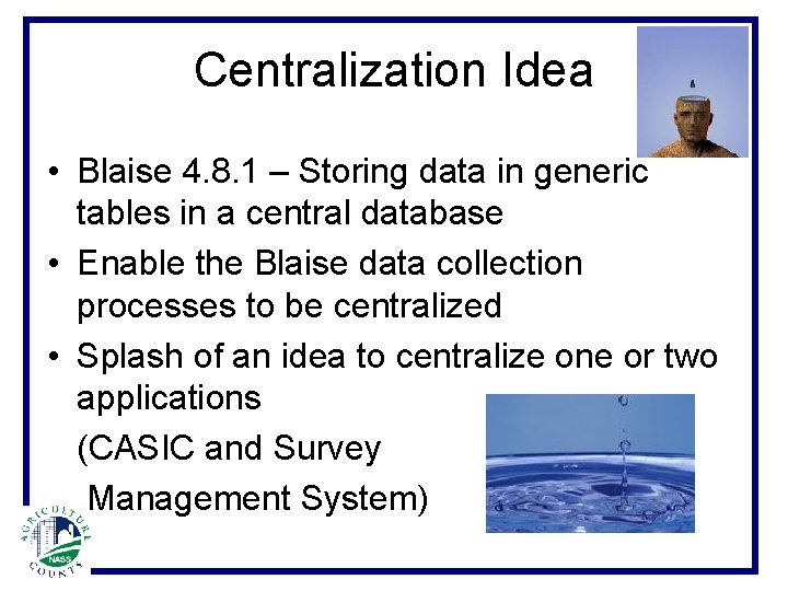 Centralization Idea • Blaise 4. 8. 1 – Storing data in generic tables in