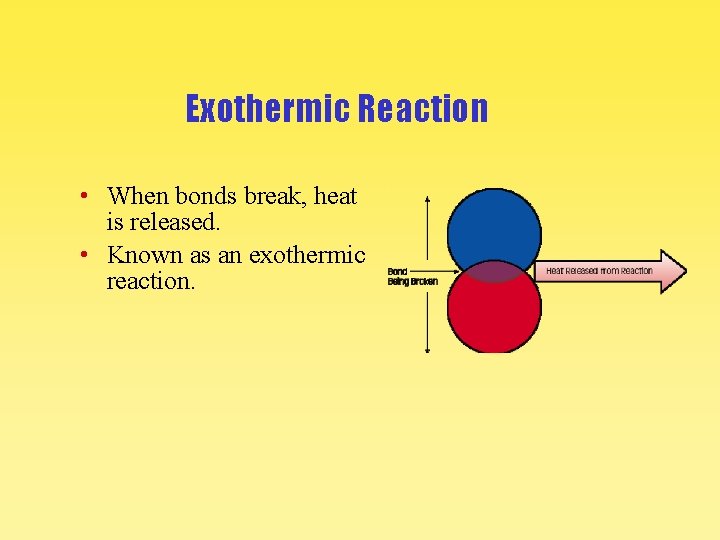 Exothermic Reaction • When bonds break, heat is released. • Known as an exothermic