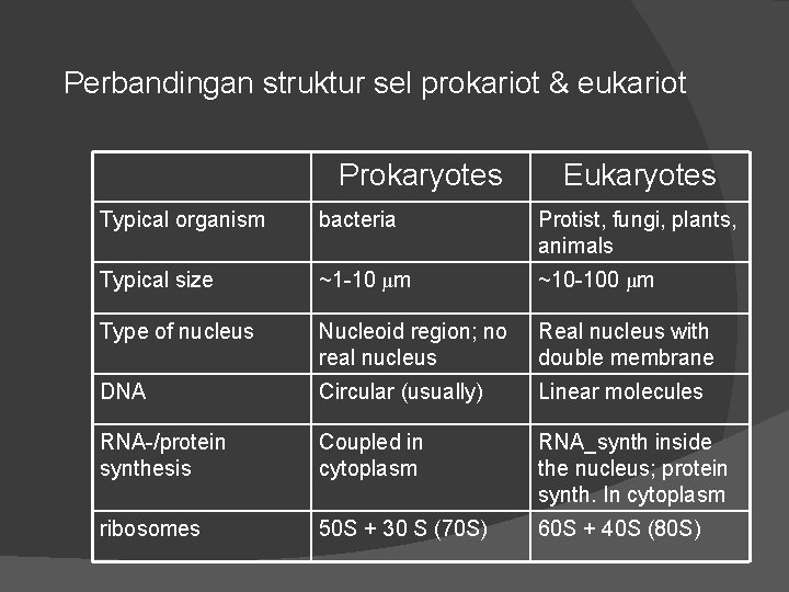 Perbandingan struktur sel prokariot & eukariot Prokaryotes Eukaryotes Typical organism bacteria Protist, fungi, plants,