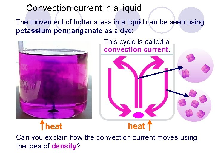 Convection current in a liquid The movement of hotter areas in a liquid can