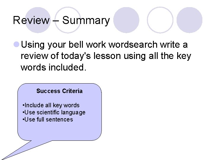 Review – Summary l Using your bell work wordsearch write a review of today's