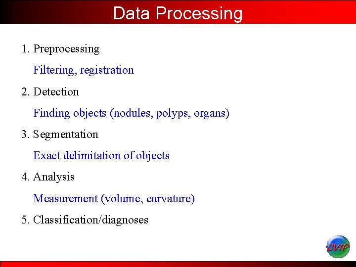 Data Processing 1. Preprocessing Filtering, registration 2. Detection Finding objects (nodules, polyps, organs) 3.
