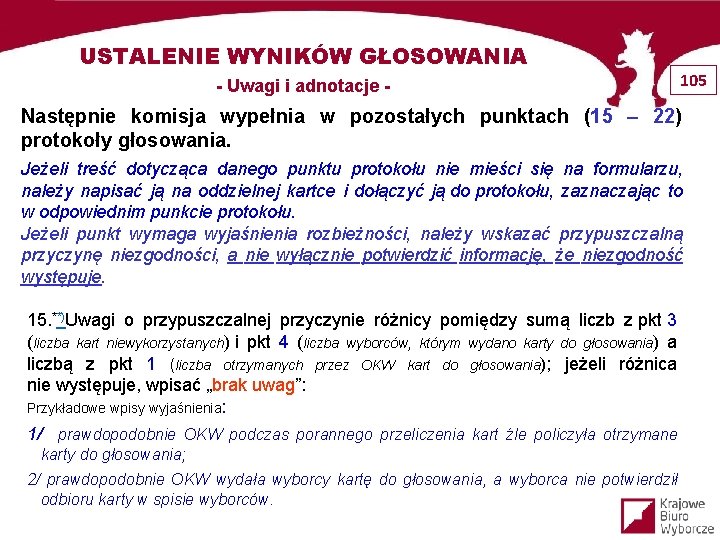 USTALENIE WYNIKÓW GŁOSOWANIA - Uwagi i adnotacje - 105 Następnie komisja wypełnia w pozostałych