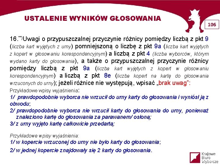 USTALENIE WYNIKÓW GŁOSOWANIA 106 16. **)Uwagi o przypuszczalnej przyczynie różnicy pomiędzy liczbą z pkt