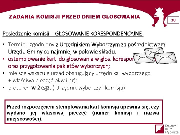 ZADANIA KOMISJI PRZED DNIEM GŁOSOWANIA Posiedzenie komisji - GŁOSOWANIE KORESPONDENCYJNE • Termin uzgodniony z