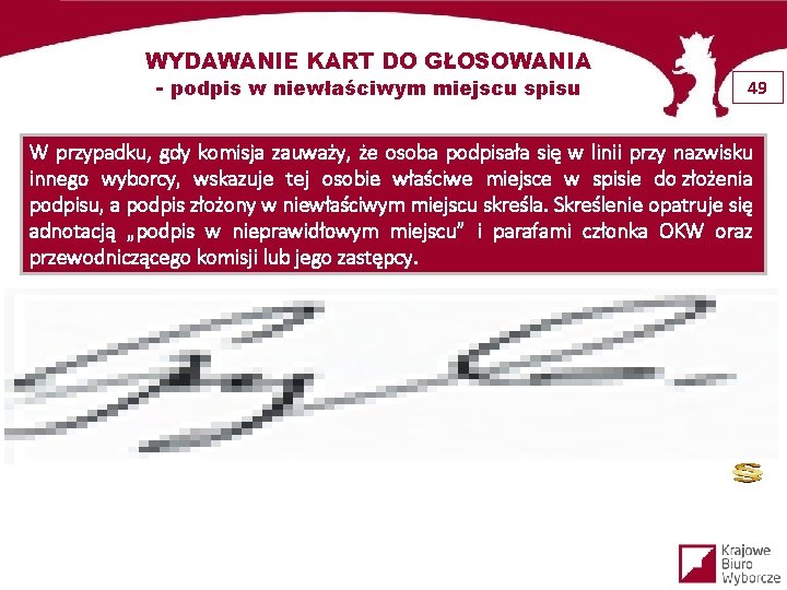 WYDAWANIE KART DO GŁOSOWANIA - podpis w niewłaściwym miejscu spisu 49 W przypadku, gdy