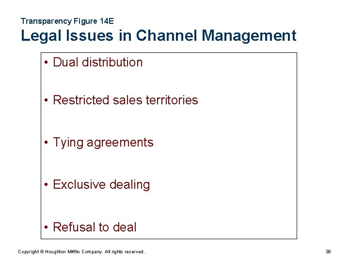 Transparency Figure 14 E Legal Issues in Channel Management • Dual distribution • Restricted