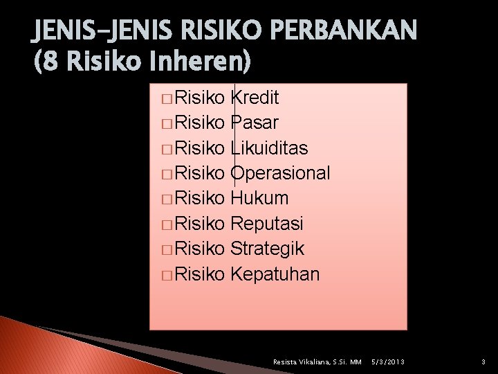 JENIS-JENIS RISIKO PERBANKAN (8 Risiko Inheren) � Risiko Kredit � Risiko Pasar � Risiko